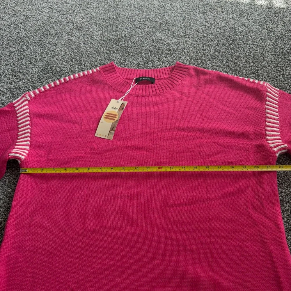 Dokotoo Sweater L Crewneck Contrast Stripe Acrylic Blend Relaxed Pink NEW